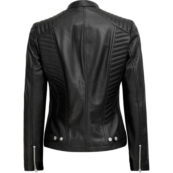 Women's Cafe Racer Style Real Leather Jackets Rachel Black Zipper Long Sleeves - Picture 4 of 6